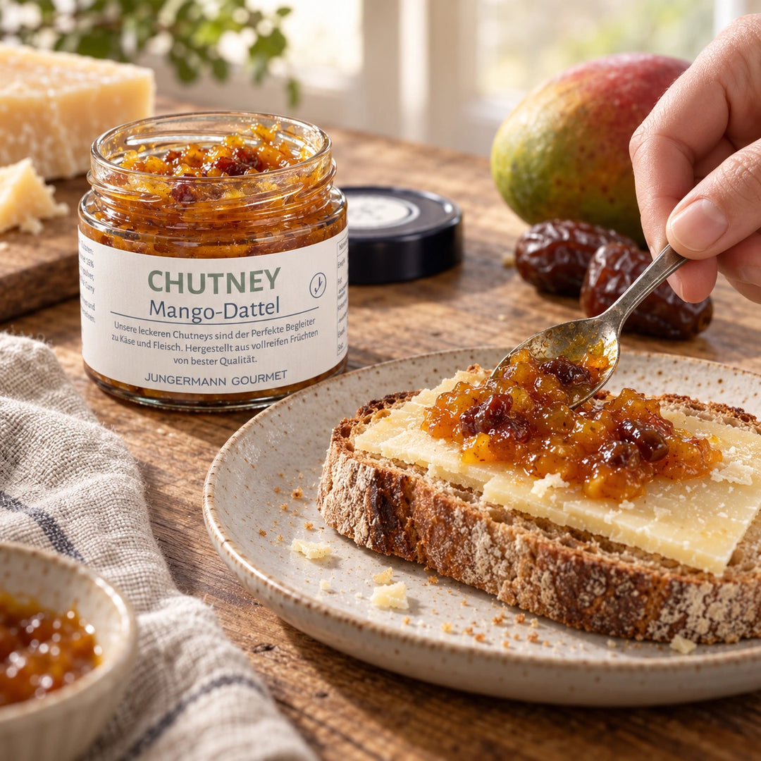 Mango-Dattel-Chutney wird mit einem Löffel auf Käsebrot verteilt; daneben steht das geöffnete Originalglas von Jungermann Gourmet.