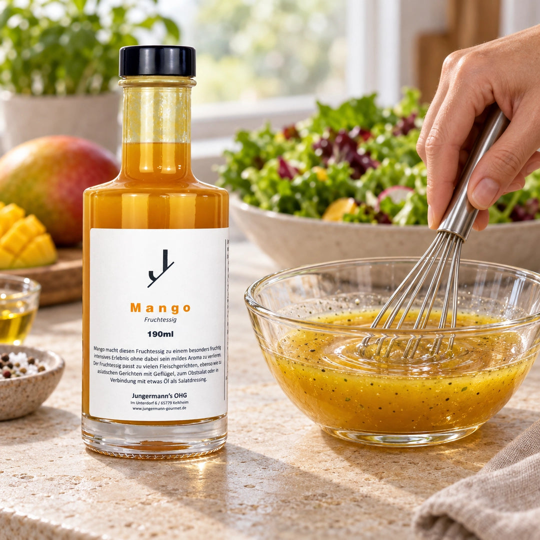 Eine Hand rührt mit einem Schneebesen ein Mango-Essig-Dressing in einer Glasschale; daneben steht die Originalflasche Mango Fruchtessig von Jungermann Gourmet
