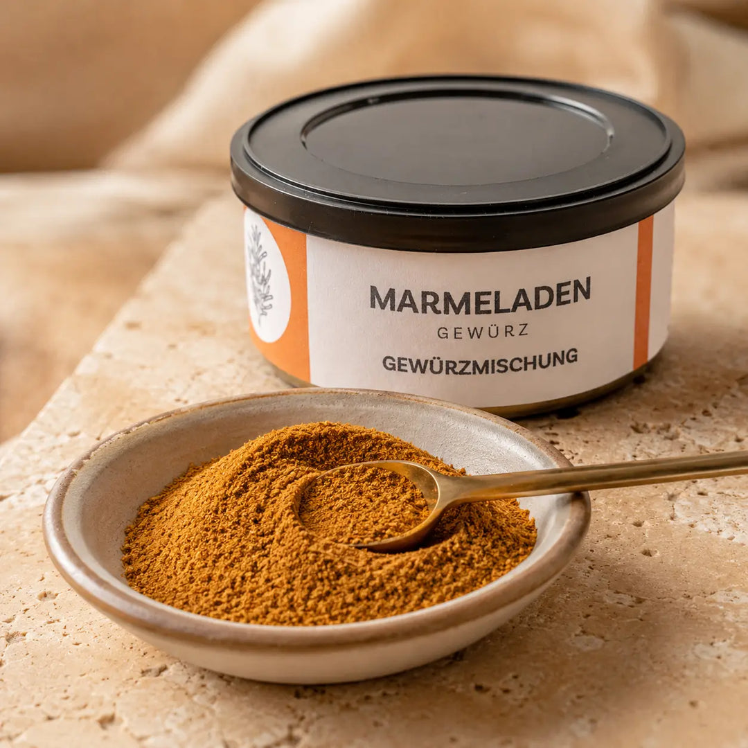 Fein gemahlenes Marmeladengewürz mit Messlöffel vor der Originaldose