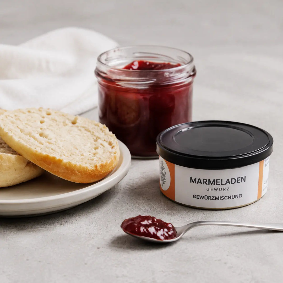 Marmeladengewürz neben rotem Fruchtaufstrich und Frühstücksgebäck