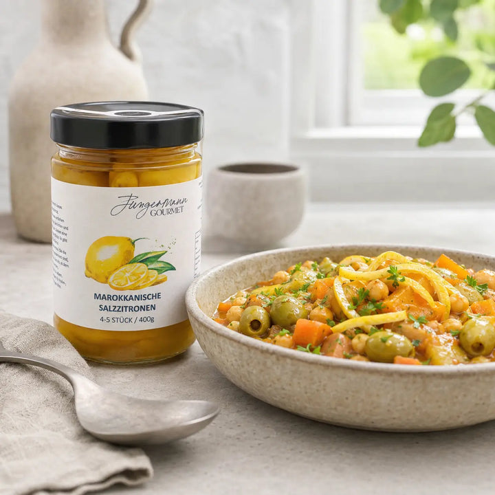 Marokkanische Salzzitronen zu Gemüse-Tajine mit Oliven serviert