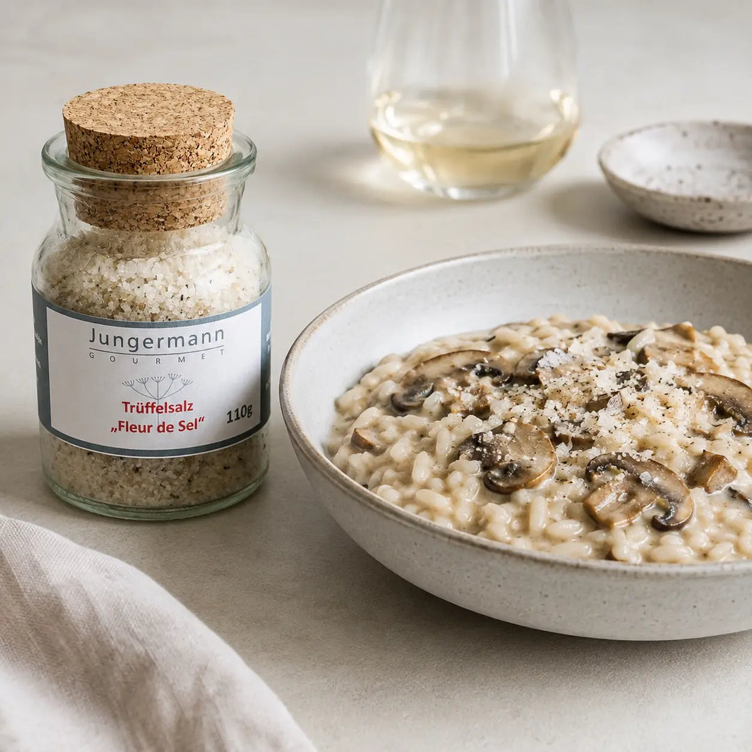 Meersalz mit Sommertrüffeln zu cremigem Pilzrisotto serviert