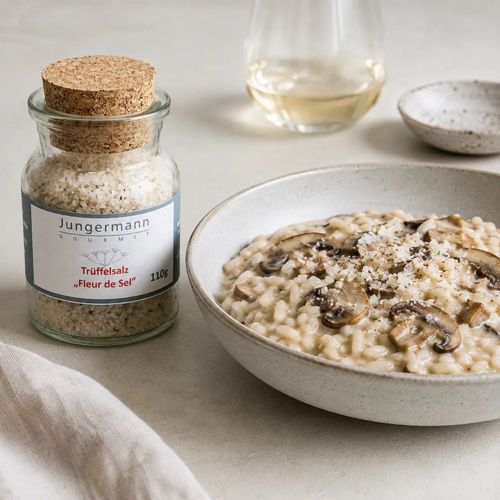Meersalz mit Sommertrüffeln zu cremigem Pilzrisotto serviert