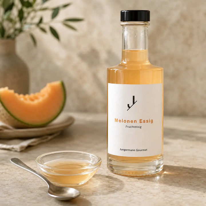 Melonen Essig in der Familienflasche mit kleiner Verkostungsschale