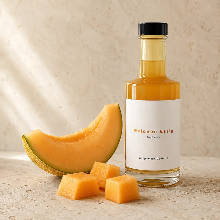Melonen Essig in der Familienflasche mit frischer Melone im Detail