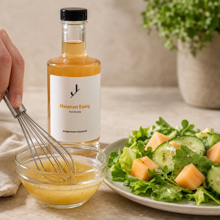 Melonen Essig beim Anrühren einer leichten Vinaigrette für Salat