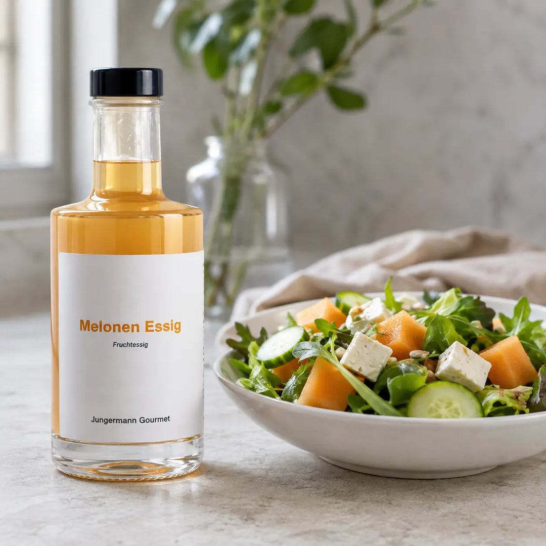Melonen Essig zu Blattsalat mit Gurke, Käse und Melone serviert