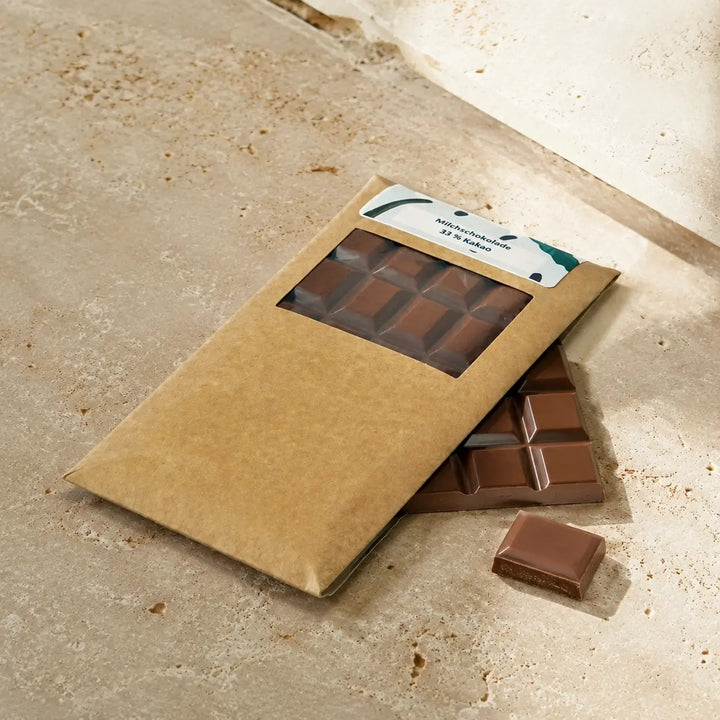 Geöffnete Kraftpapierhülle mit segmentierter Milchschokolade und einem Stück