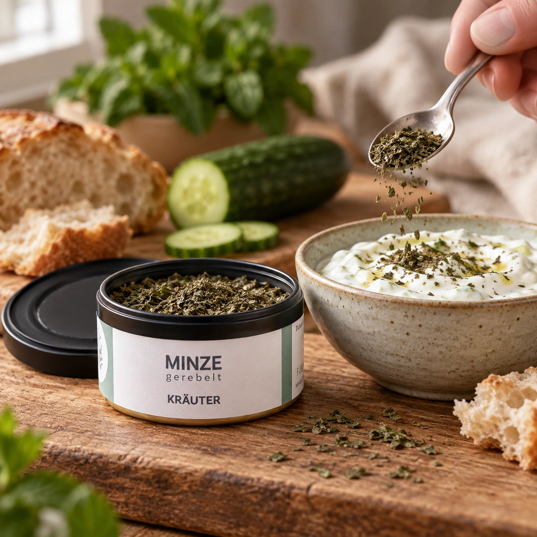Gerebelte Minze wird mit einem Teelöffel auf Joghurtdip gestreut; die geöffnete Originaldose steht gut erkennbar daneben.