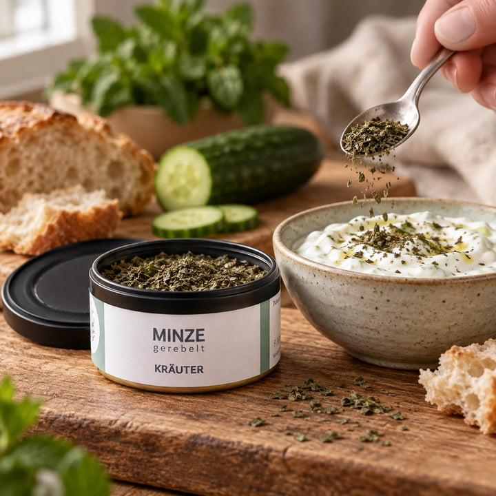 Gerebelte Minze wird mit einem Teelöffel auf Joghurtdip gestreut; die geöffnete Originaldose steht gut erkennbar daneben.