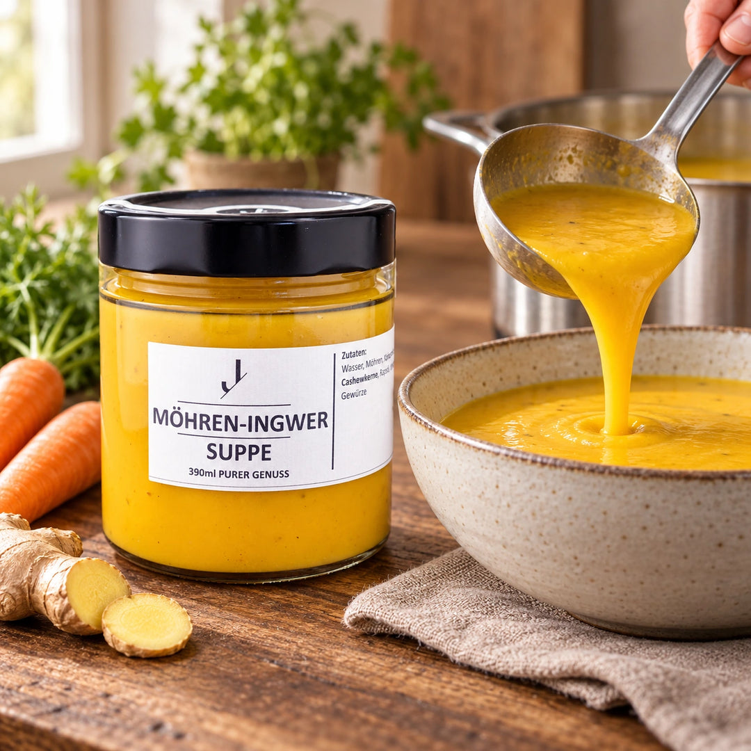 Möhren-Ingwer-Suppe wird aus einer Kelle in eine Keramikschale gefüllt; daneben steht das Originalglas mit lesbarem Etikett.