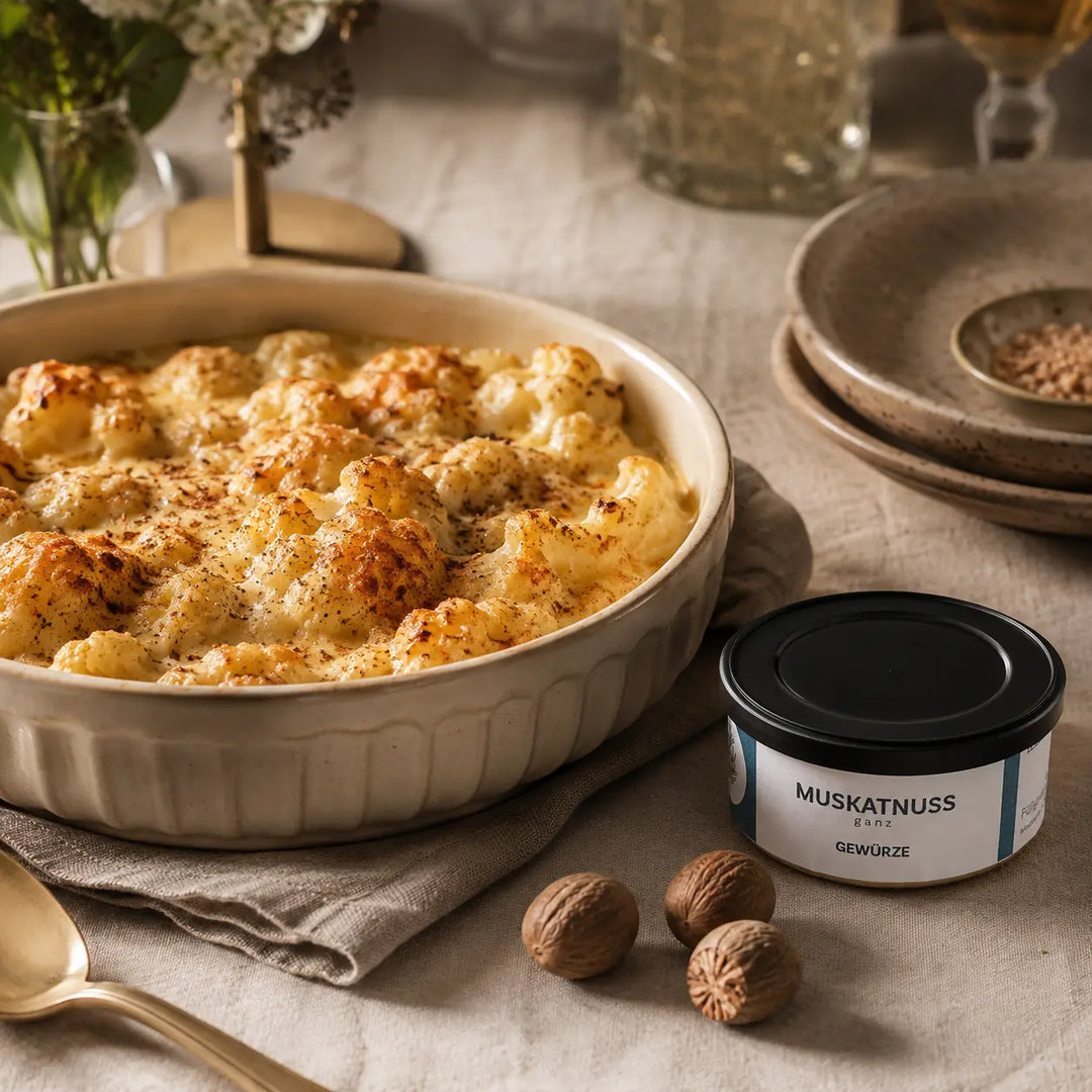 Blumenkohlgratin mit frisch geriebener Muskatnuss neben der originalen Gewürzdose