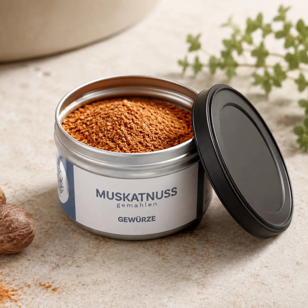 Geöffnete originale Gewürzdose mit fein gemahlener Muskatnuss und schwarzem Deckel