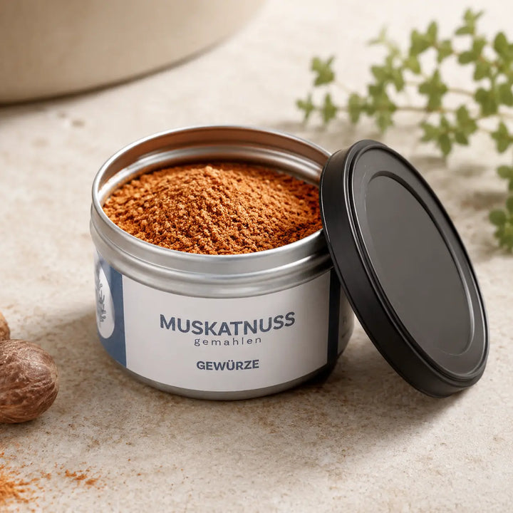 Geöffnete originale Gewürzdose mit fein gemahlener Muskatnuss und schwarzem Deckel