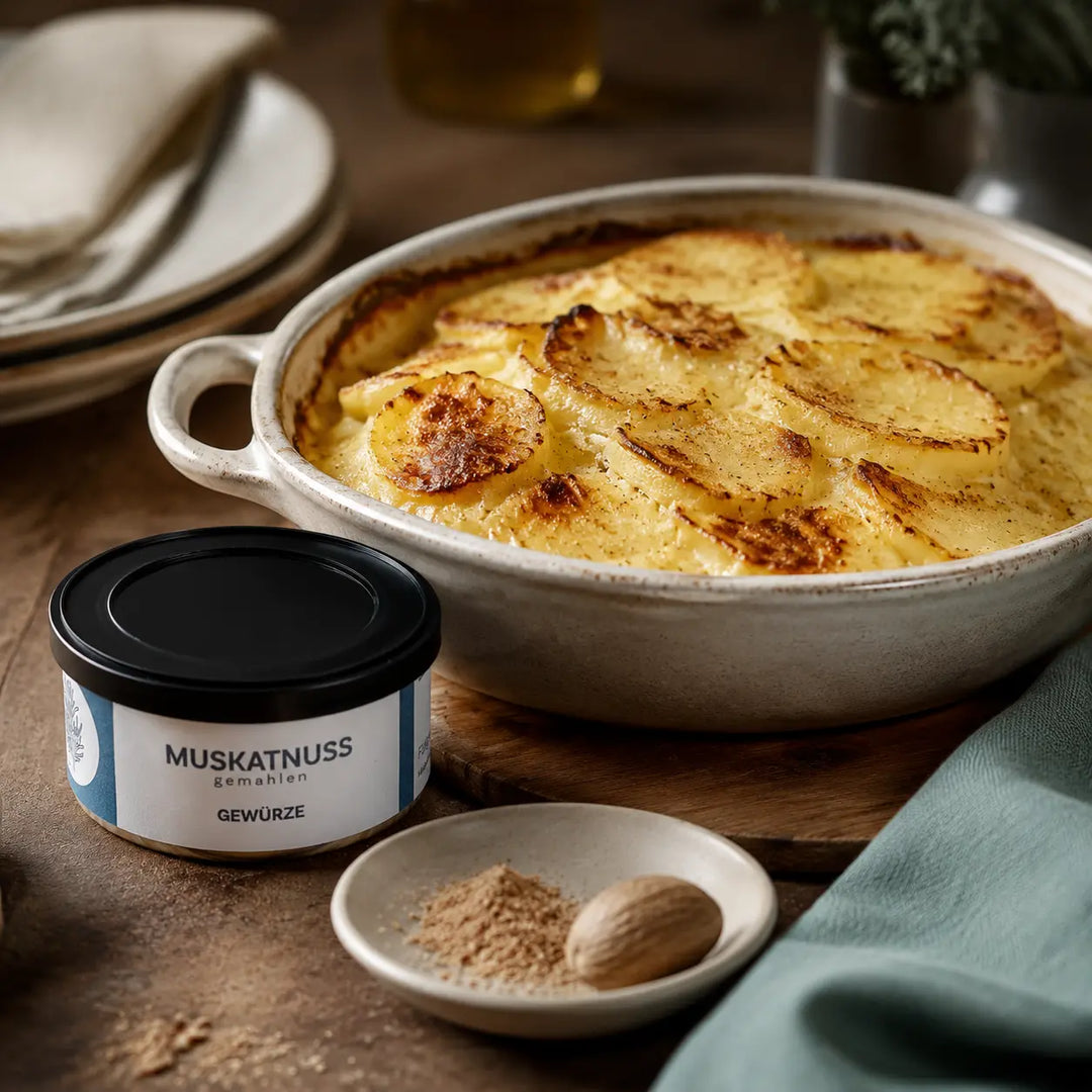 Kartoffelgratin mit Muskatnuss serviert neben der originalen Gewürzdose