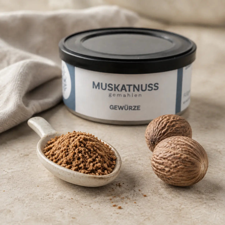 Fein gemahlene Muskatnuss auf Keramiklöffel mit ganzen Muskatnüssen und originaler Dose