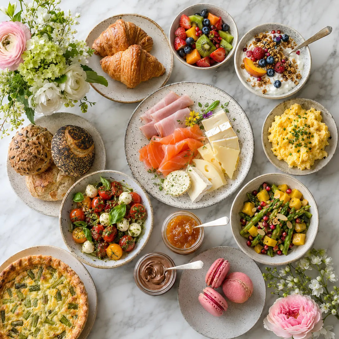 Muttertags-Brunch für zwei als vollständiges Arrangement mit Gebäck, herzhaften Speisen, Obst und Desserts