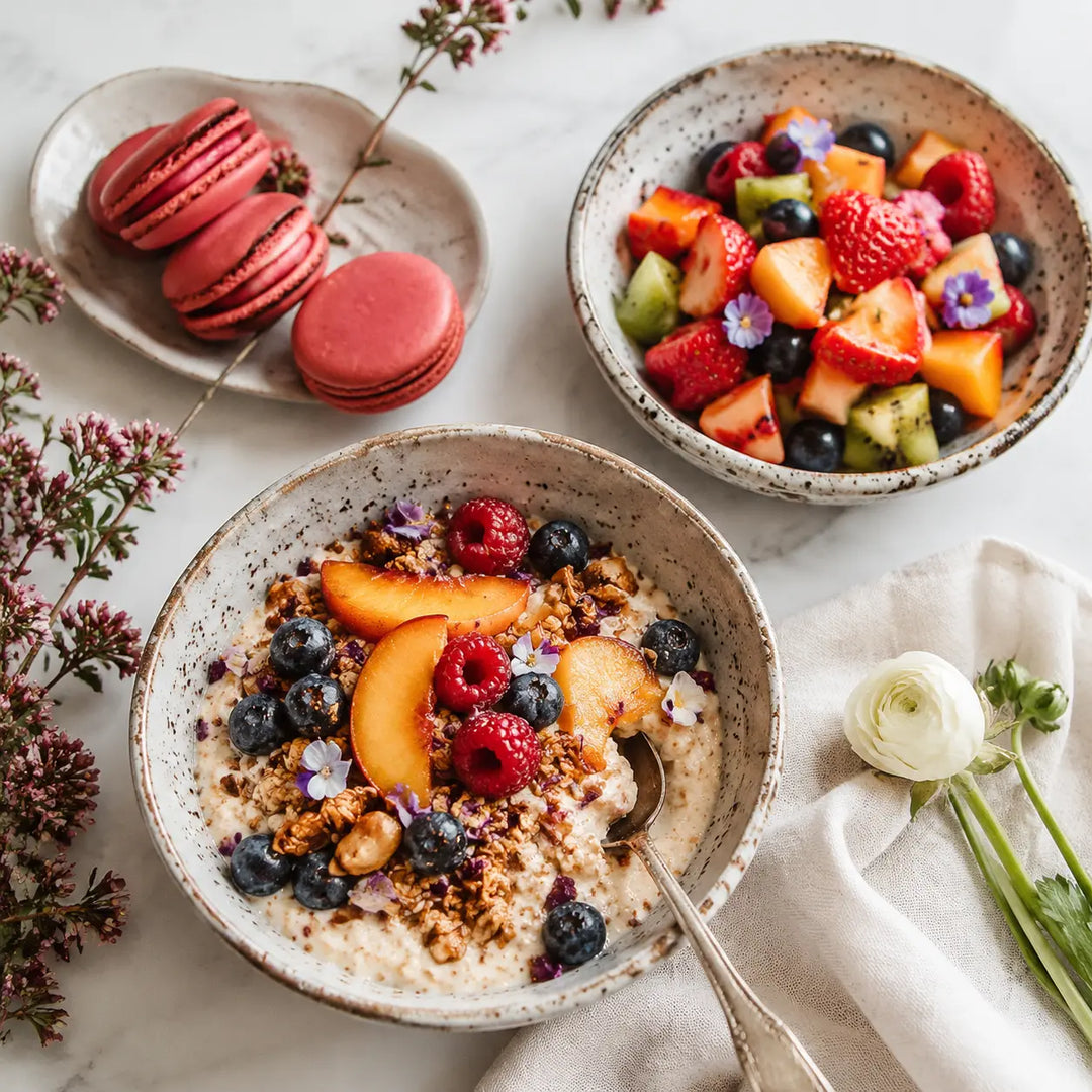 Pfirsichquark mit Granola und Beeren neben Obstsalat und Himbeermacarons