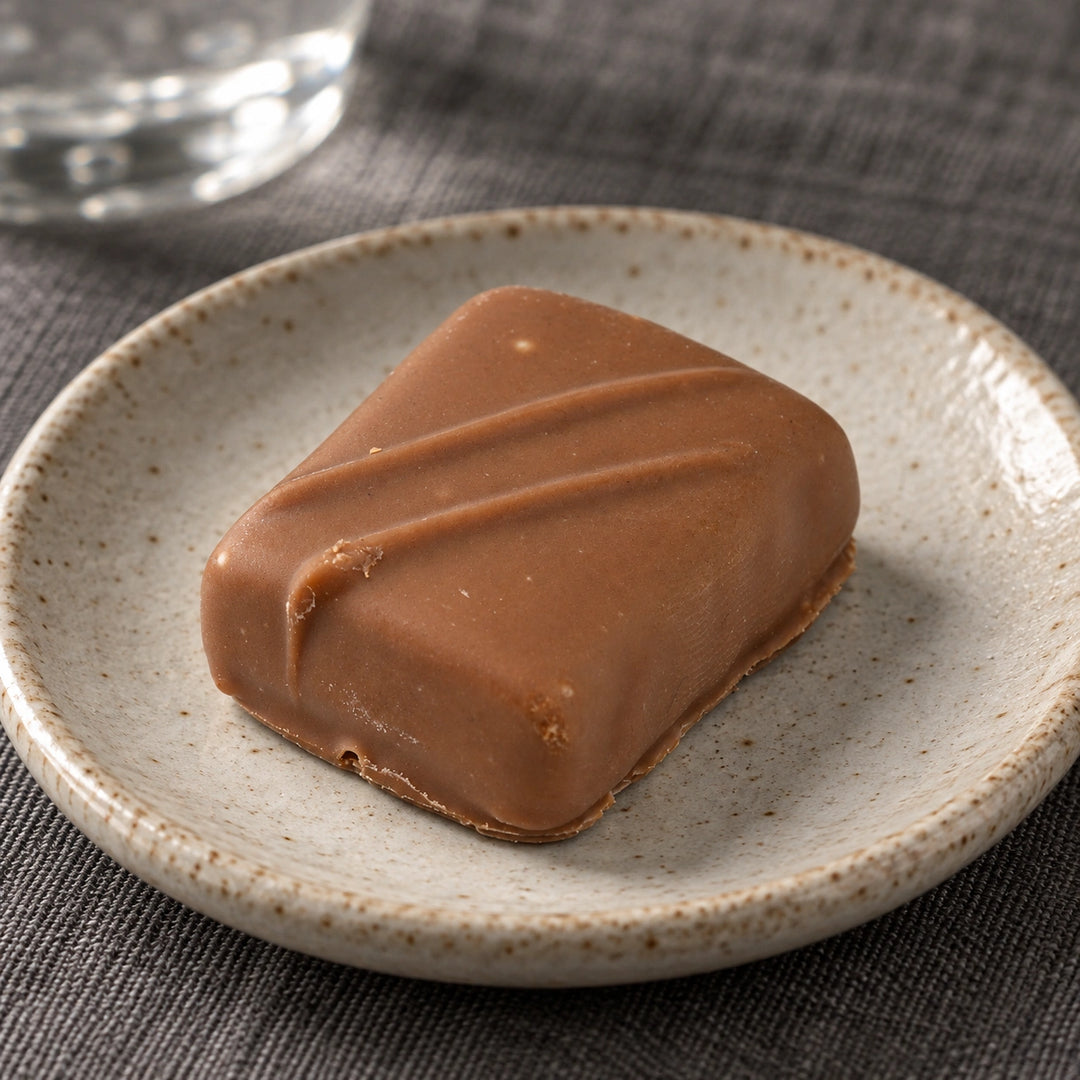 Ganze Nougat-Praline von Jungermann Gourmet auf einem hellen Keramikteller; Nahaufnahme des Schokoladenüberzugs mit zwei diagonalen Linien