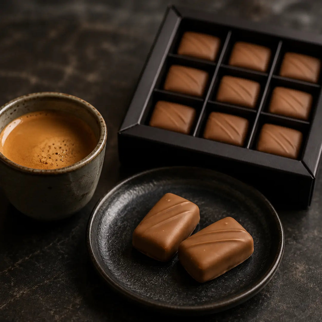 Zwei Nougat Pralinen zu Espresso neben der originalen schwarzen Neunerbox