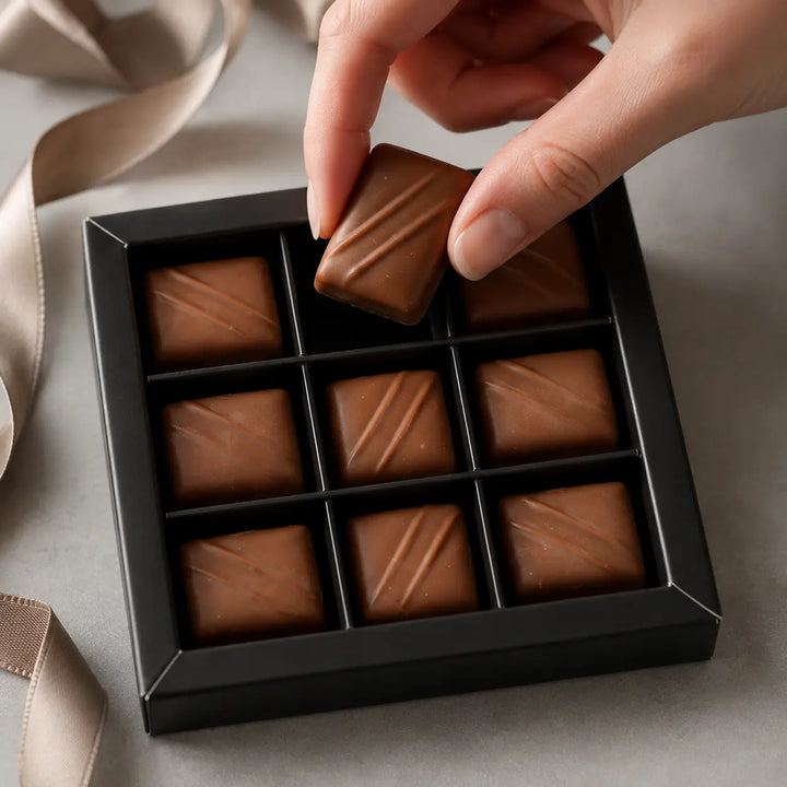 Eine Nougat Praline wird aus der originalen schwarzen Neunerbox genommen