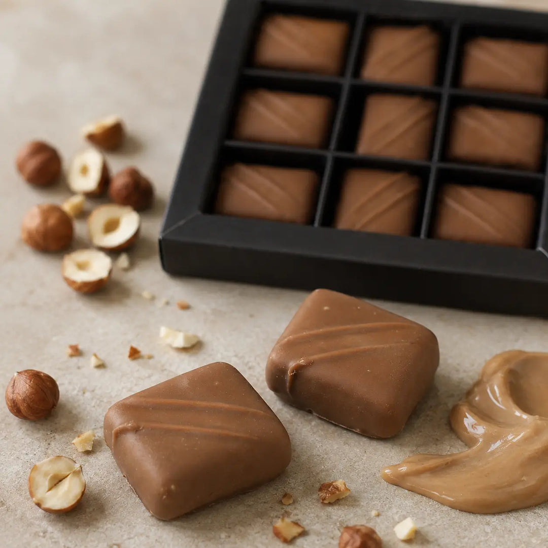Nougat Pralinen mit Haselnüssen und feiner Nougatcreme im Detail