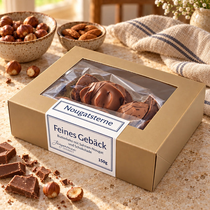 Nougatsterne von Jungermann Gourmet in der Originalschachtel mit passenden Zutaten auf hellem Naturstein.