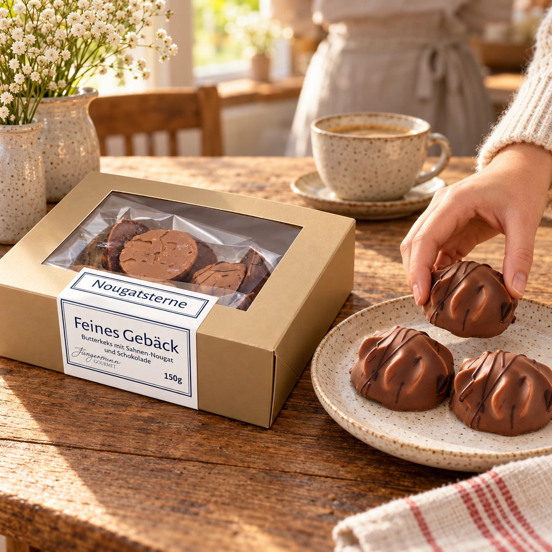 Eine Hand serviert Nougatsterne neben der Originalschachtel von Jungermann Gourmet auf einem Holztisch.