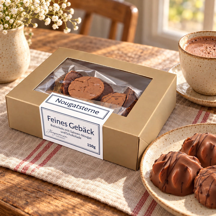 Nougatsterne von Jungermann Gourmet mit Gebäck auf einem Steingutteller und einem Heißgetränk auf einer Kaffeetafel.