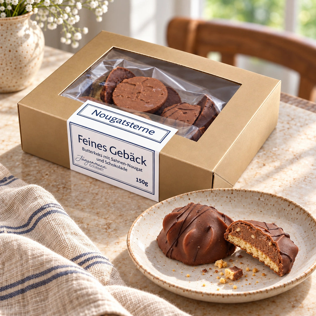 Nougatsterne von Jungermann Gourmet mit Butterkeksboden, Nougatfüllung und Schokoladenüberzug im Anschnitt.