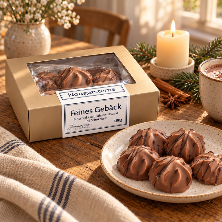 Nougatsterne von Jungermann Gourmet auf einer Adventstafel mit Gebäck, Heißgetränk, Kerze und Tannenzweig.