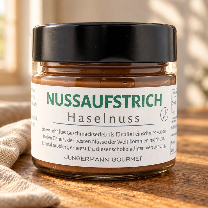 Nuss-Nougat-Aufstrich im Originalglas auf warmem Holz neben einem Leinentuch.