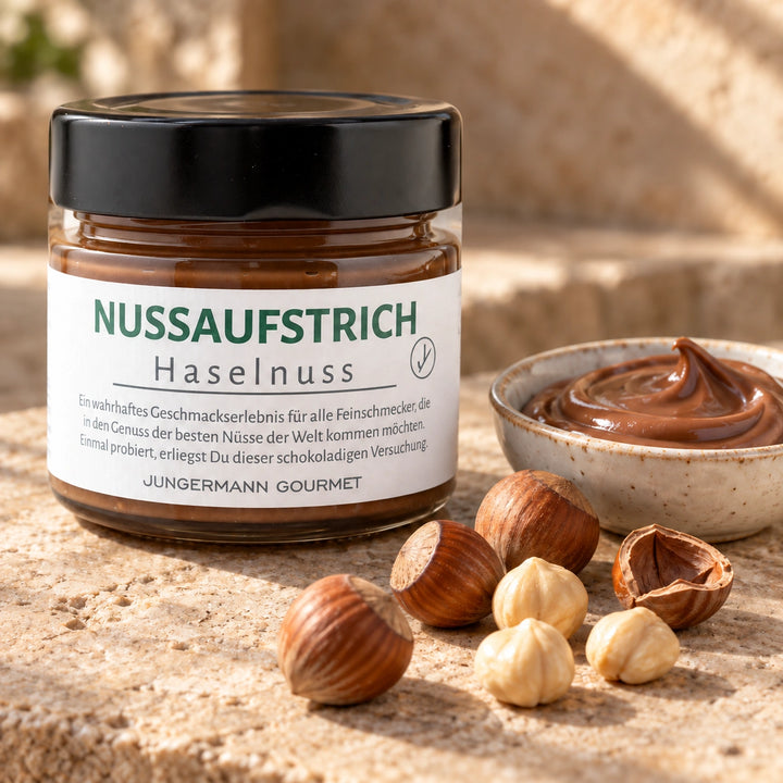 Haselnüsse und braune Nusscreme neben dem Originalglas des Nuss-Nougat-Aufstrichs.