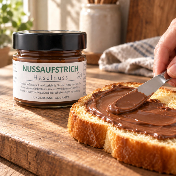 Eine Hand streicht Nuss-Nougat-Creme auf Brioche; das Originalglas steht daneben. Serviervorschlag.