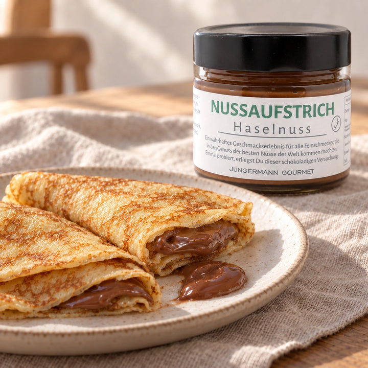 Crêpes mit Nuss-Nougat-Creme auf einem Keramikteller neben dem Originalglas. Serviervorschlag.