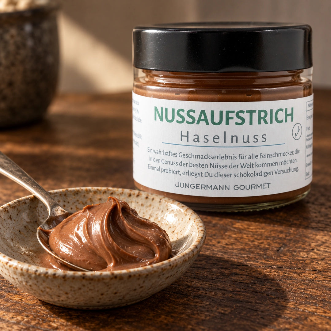 Nahaufnahme von glatter Nuss-Nougat-Creme auf einem Löffel vor dem Originalglas.