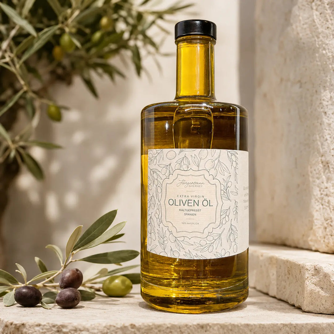 Olivenöl 0,7 Liter in originaler Glasflasche als hochwertiger Packshot mit Olivenzweigen