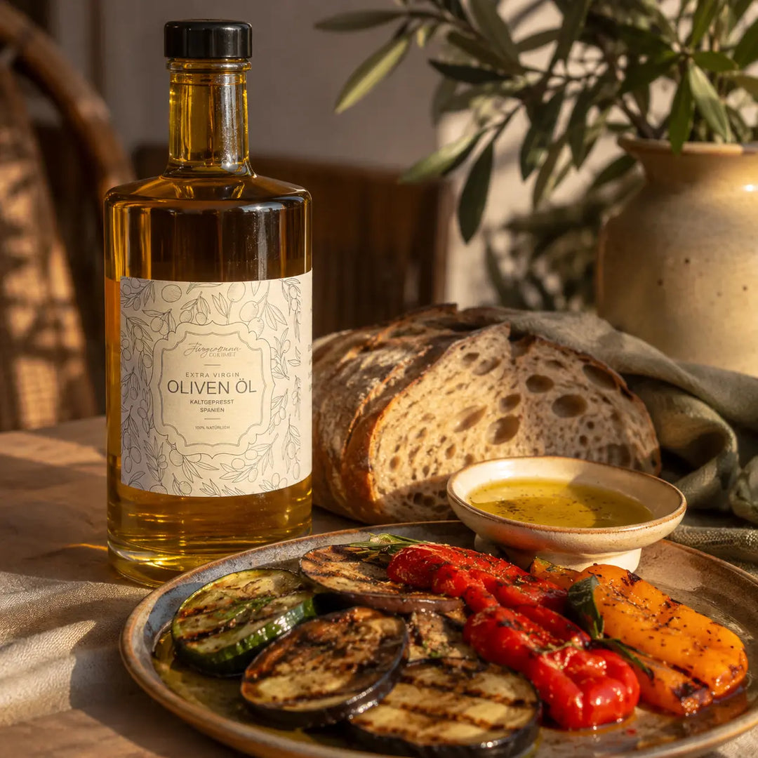 Gegrilltes mediterranes Gemüse und Brot mit Olivenöl neben der originalen Glasflasche