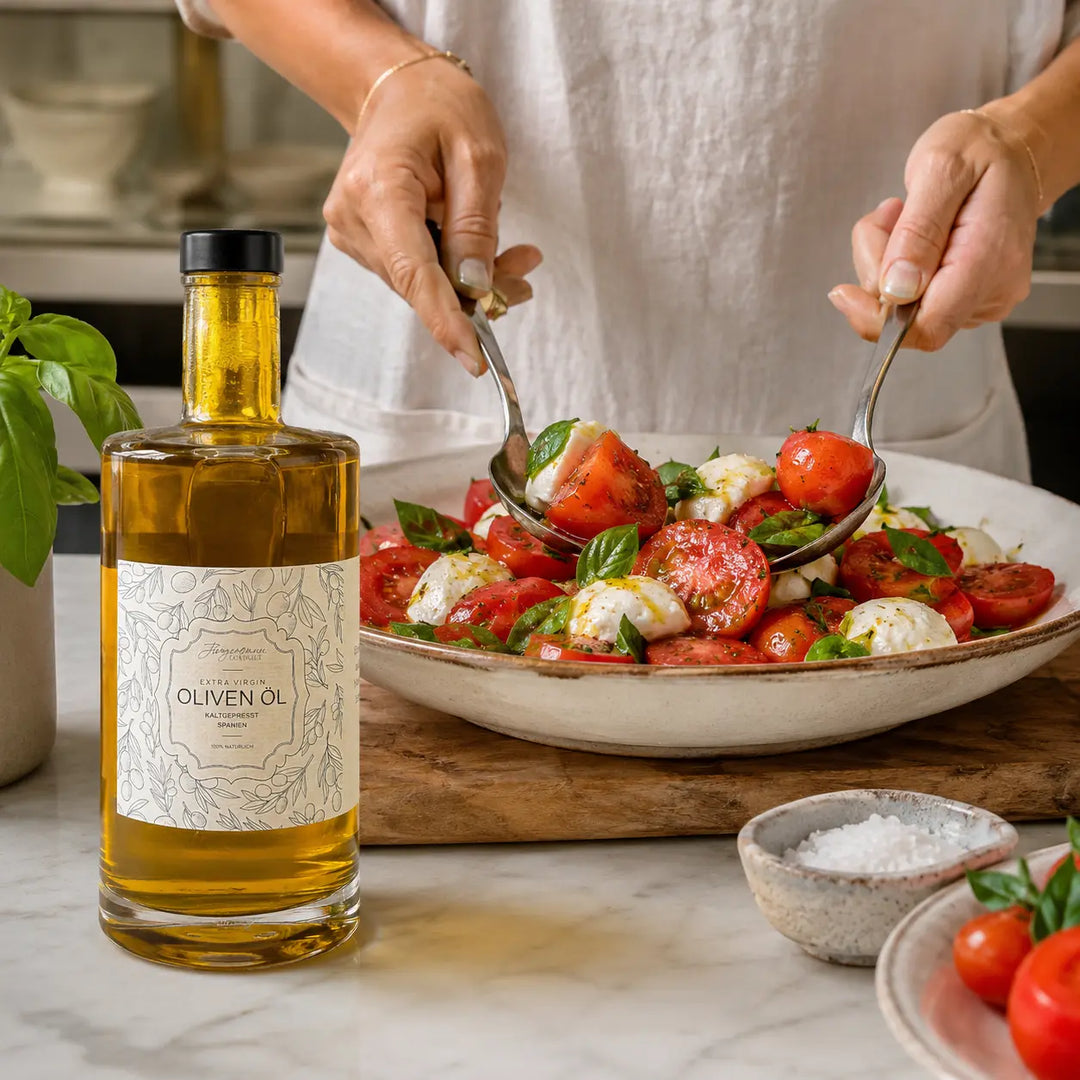 Tomaten mit Büffelmozzarella und Olivenöl neben der originalen Glasflasche