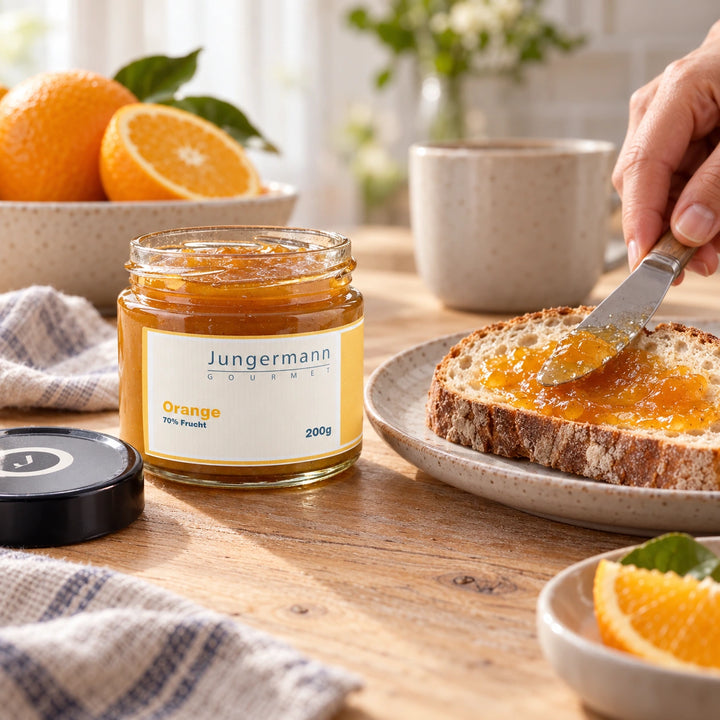 Orangen-Aufstrich wird mit einem Messer auf eine Scheibe Brot gestrichen; das geöffnete Originalglas mit gelbem Etikett steht daneben.