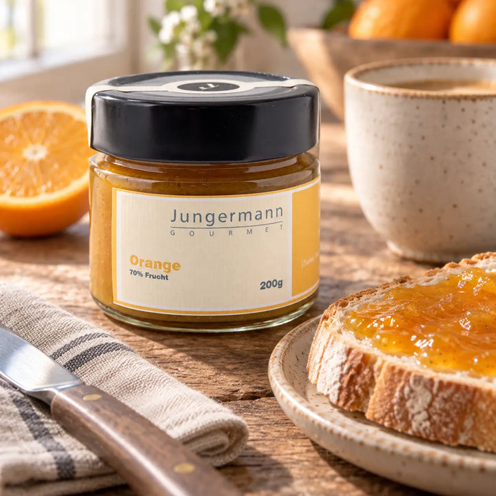 Orangen-Aufstrich von Jungermann Gourmet im Originalglas neben bestrichenem Brot als Frühstücks-Serviervorschlag.