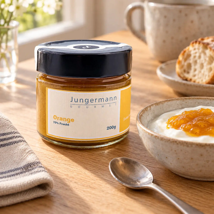 Orangen-Aufstrich von Jungermann Gourmet im Originalglas neben Joghurt mit einem fruchtigen Topping als Anwendungsvorschlag.