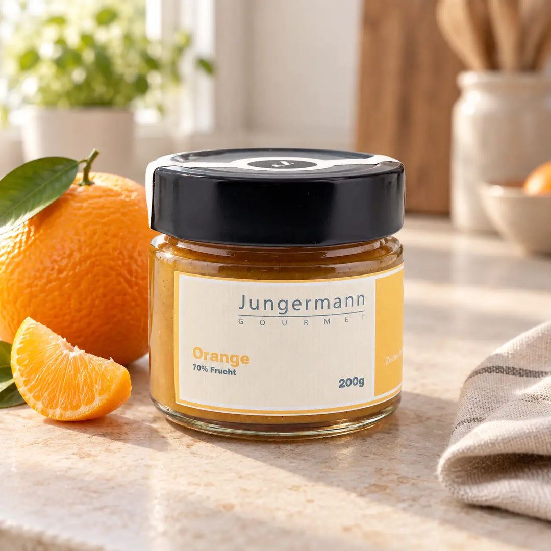 Orangen-Aufstrich von Jungermann Gourmet im Originalglas neben passenden Zutaten auf einer Küchenarbeitsplatte.