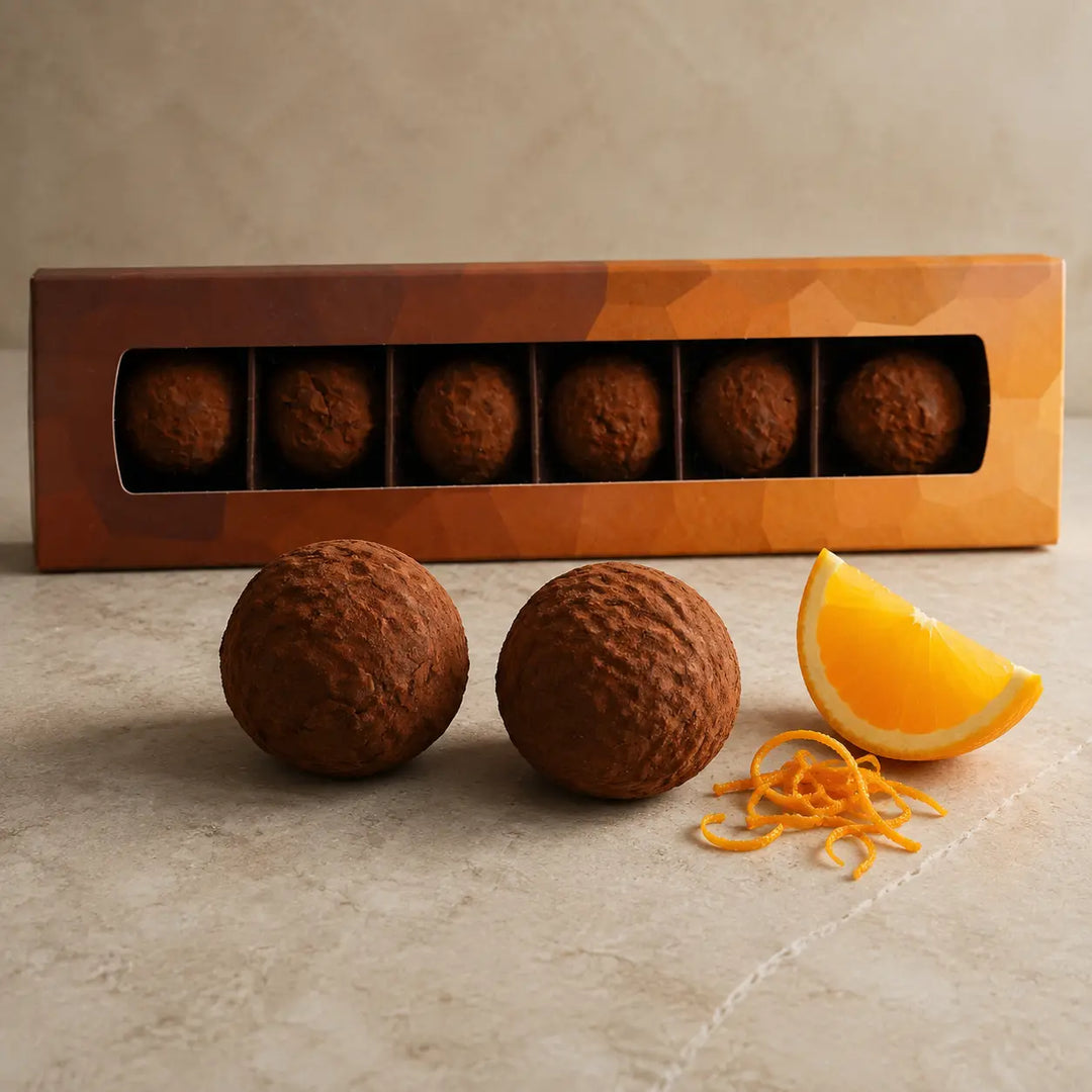 Orangen Trüffel mit frischer Orange und Orangenzesten vor der originalen Sechserbox