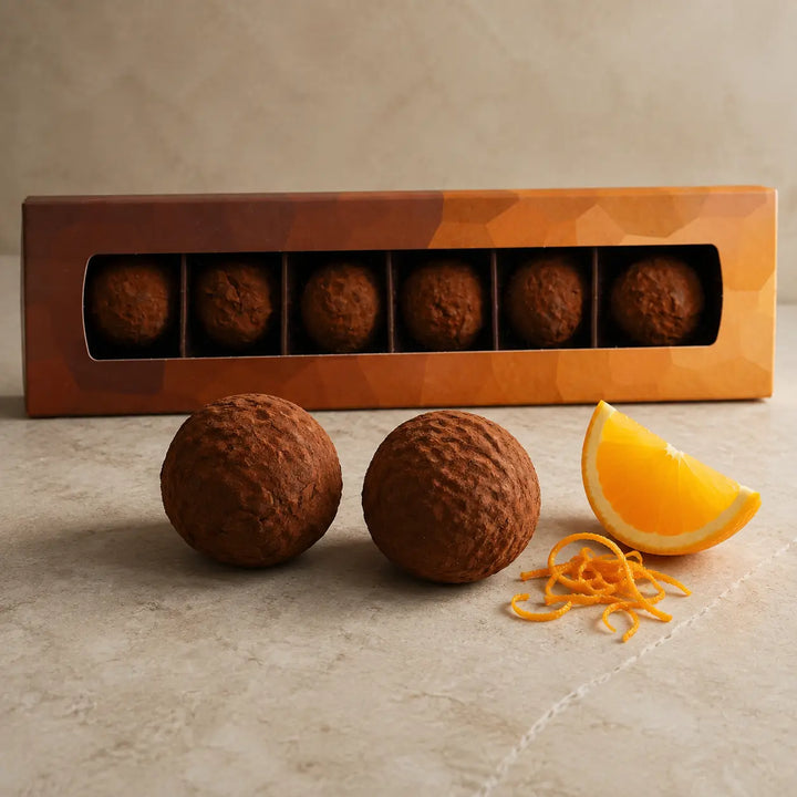 Orangen Trüffel mit frischer Orange und Orangenzesten vor der originalen Sechserbox