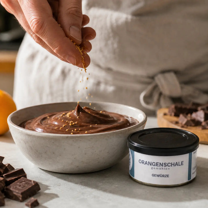 Gemahlene Orangenschale wird über Schokoladencreme gestreut neben der originalen Gewürzdose