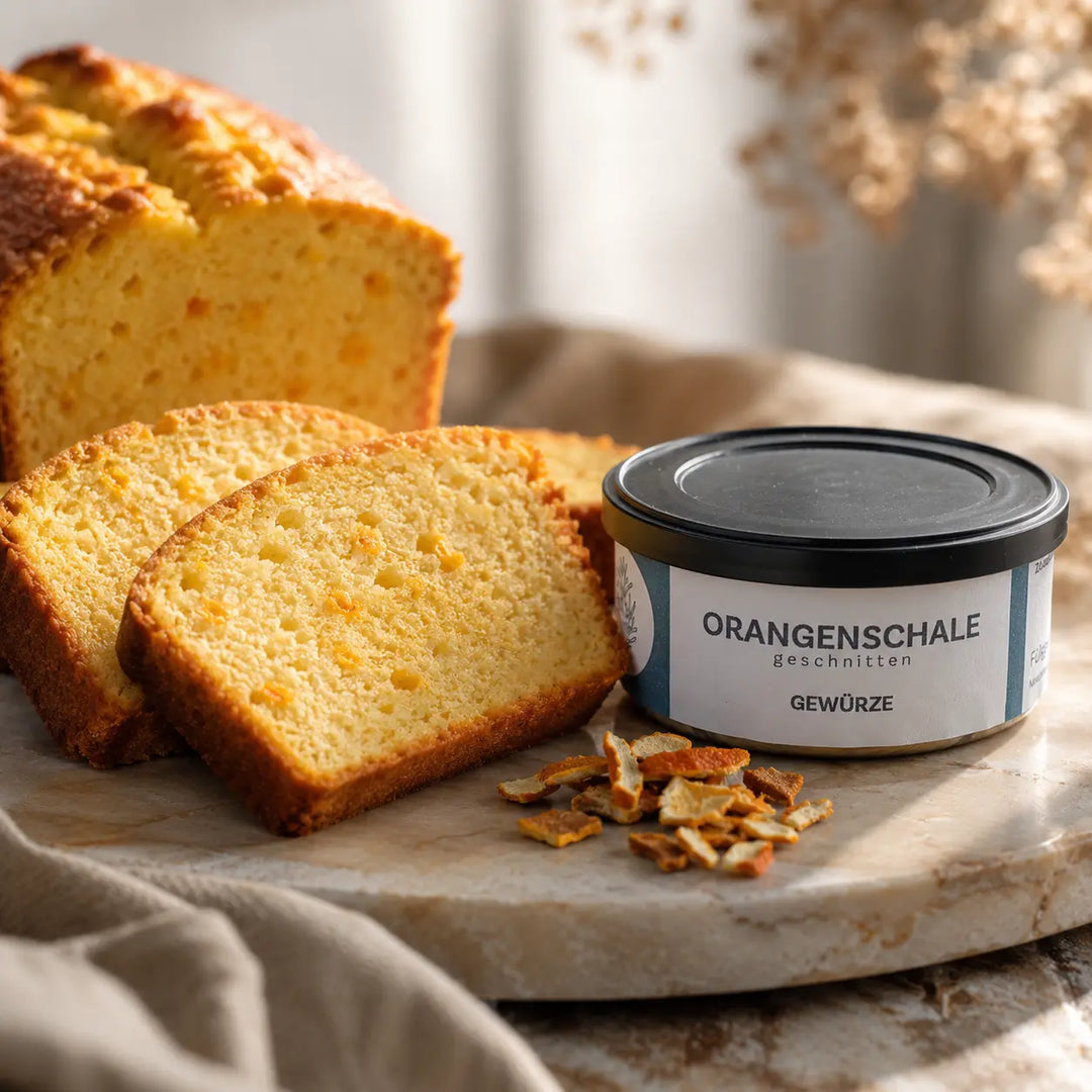 Orangenkuchen mit sichtbaren Orangenschalenstücken neben der originalen Gewürzdose