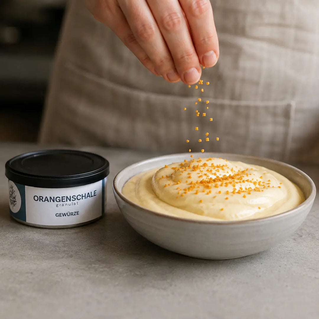 Orangenschalen-Granulat wird über cremiges Dessert gestreut neben der originalen Gewürzdose