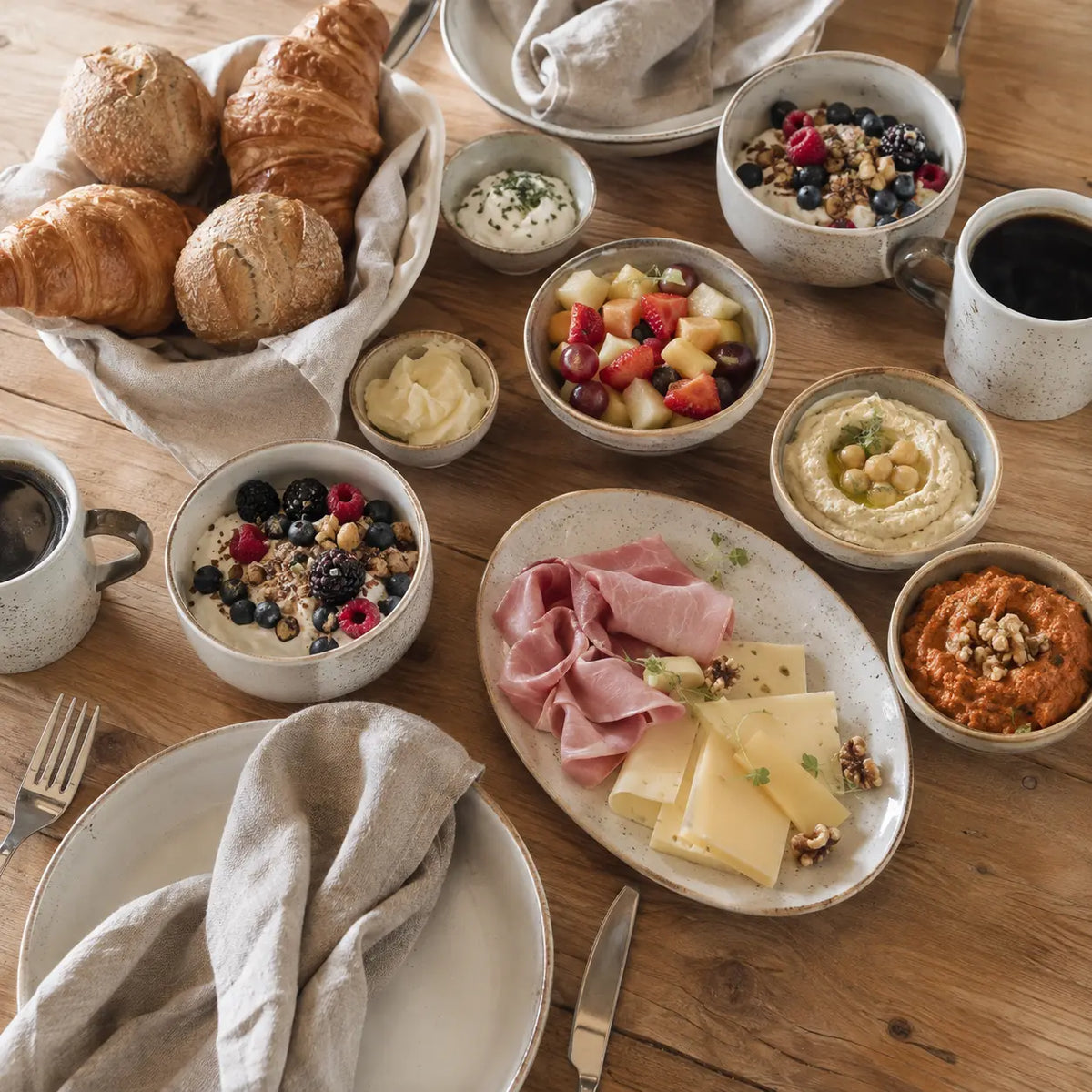 Oster-Brunch für zwei mit Brötchen, Croissants, Käse, Schinken, Quark und Dips