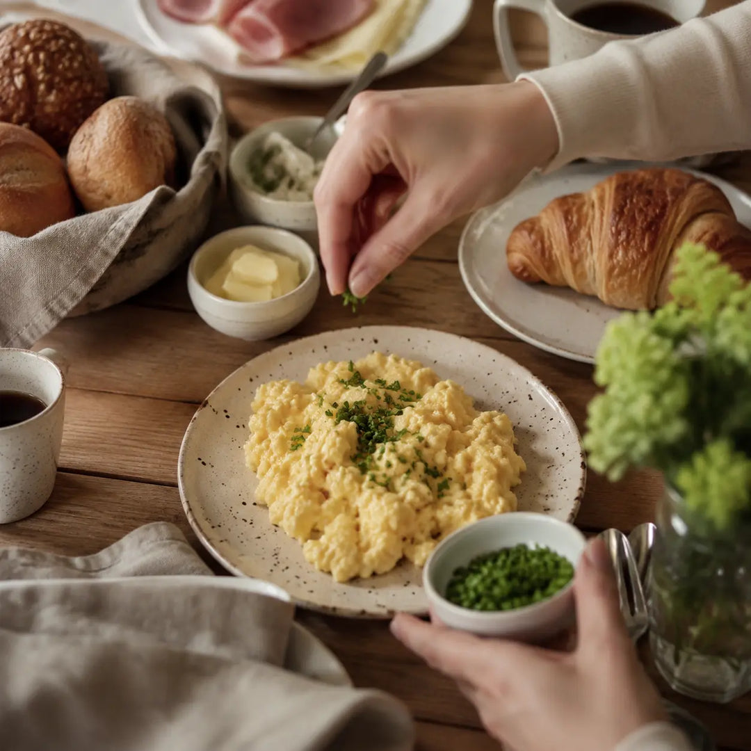 Cremiges Rührei wird am Brunch-Tisch mit frischem Schnittlauch vollendet